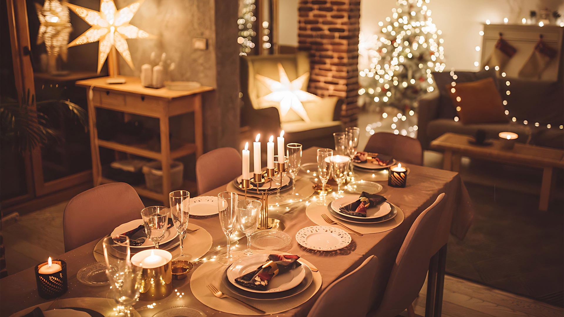 Mesa de Jantar com decorações de Natal. A mesa encontra-se numa sala de jantar também decorada com objetos de Natal.