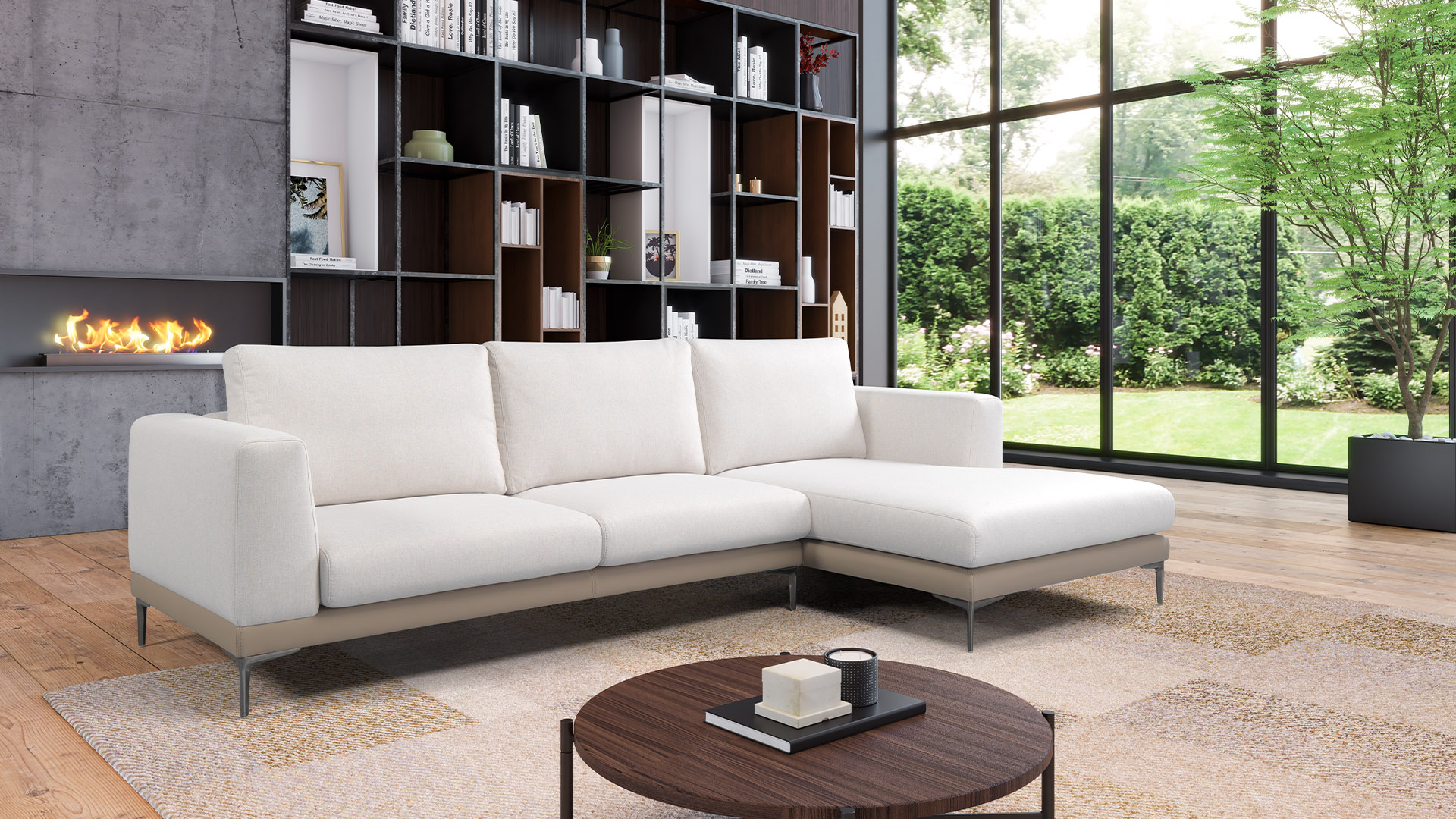 White sofa in a modern living room with wooden coffee table